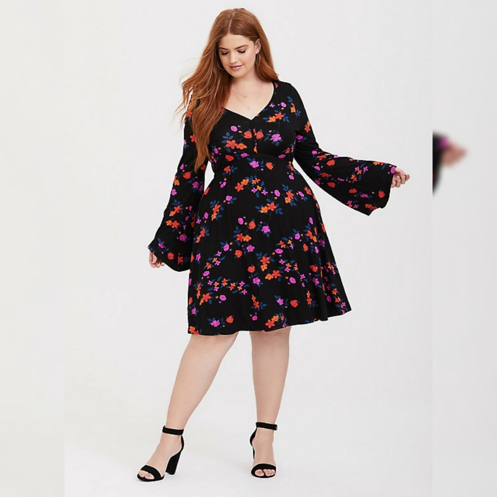 Torrid Floral Jersey Knit Bell Sleeve Skater Dress